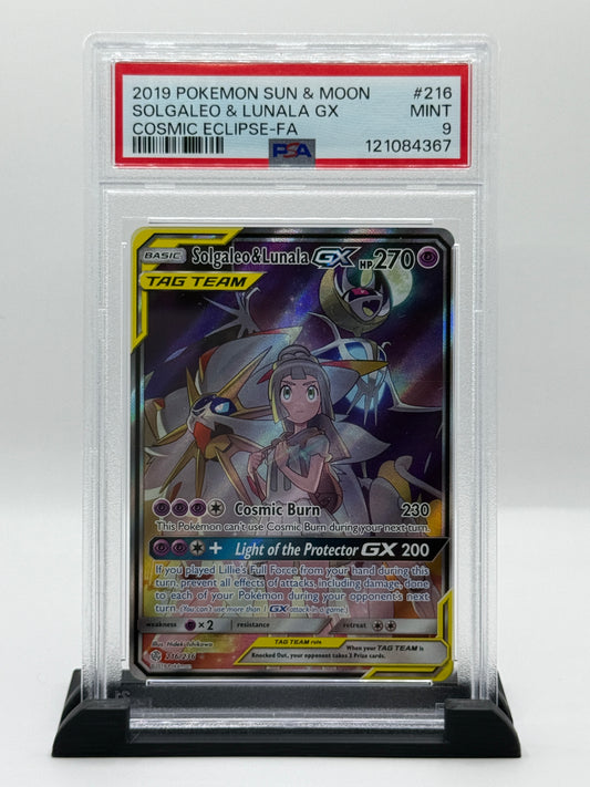PSA 9 2019 Pokémon Sun and Moon Cosmic Eclipse Lunala/Solgaleo Gx #216