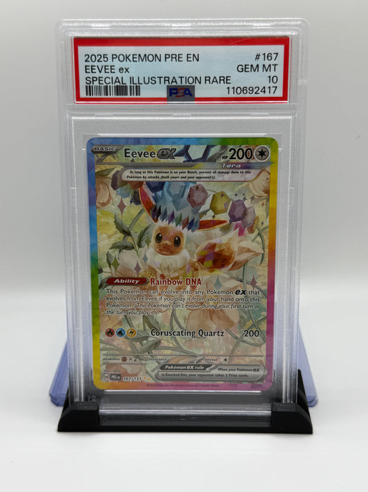 PSA 10 2025 Pokemon Scarlet and Violet Prismatic Evolutions Special Illustration Rare Eevee Ex #167