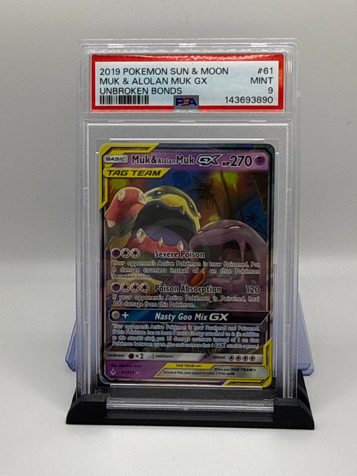 PSA 9 2019 Pokemon Sun and Moon Unbroken Bonds Alolan Muk/Muk Gx #61