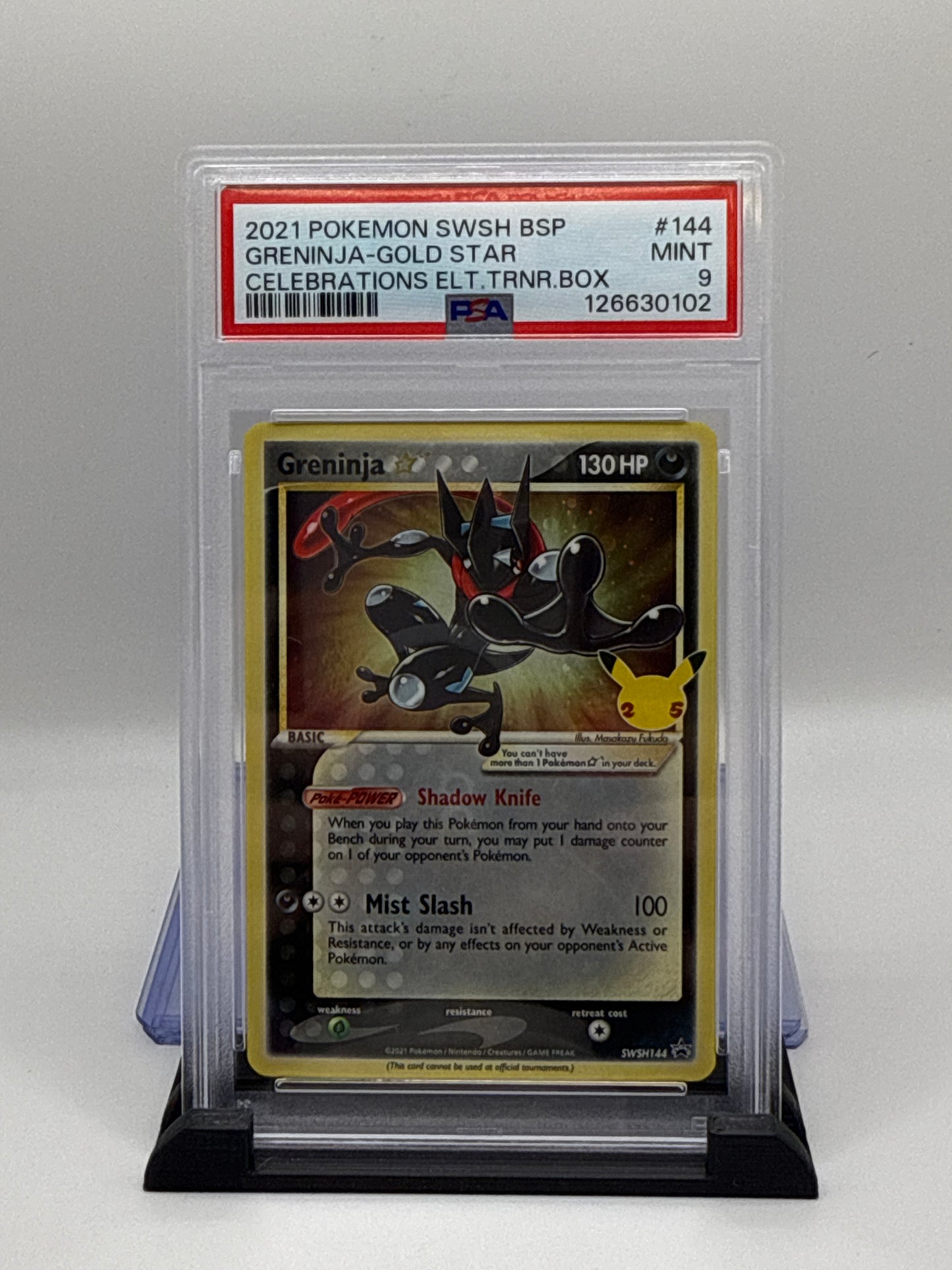 PSA 9 2021 Pokemon Sword and Shield Black Star Celebrations Elite Trainer Box Greninja Gold Star #SWSH144