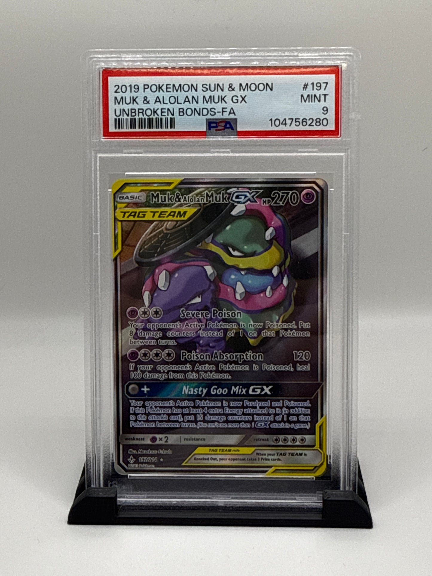 PSA 9 2019 Pokemon Sun and Moon Unbroken Bonds Alolan Muk/Muk Gx #197