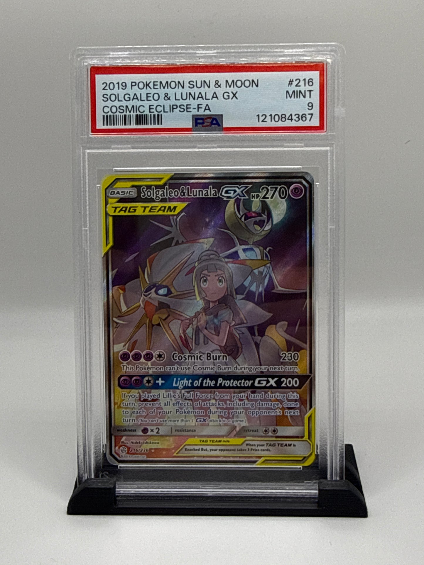 PSA 9 2019 Pokemon Sun and Moon Cosmic Eclipse Lunala/Solgaleo Gx #216