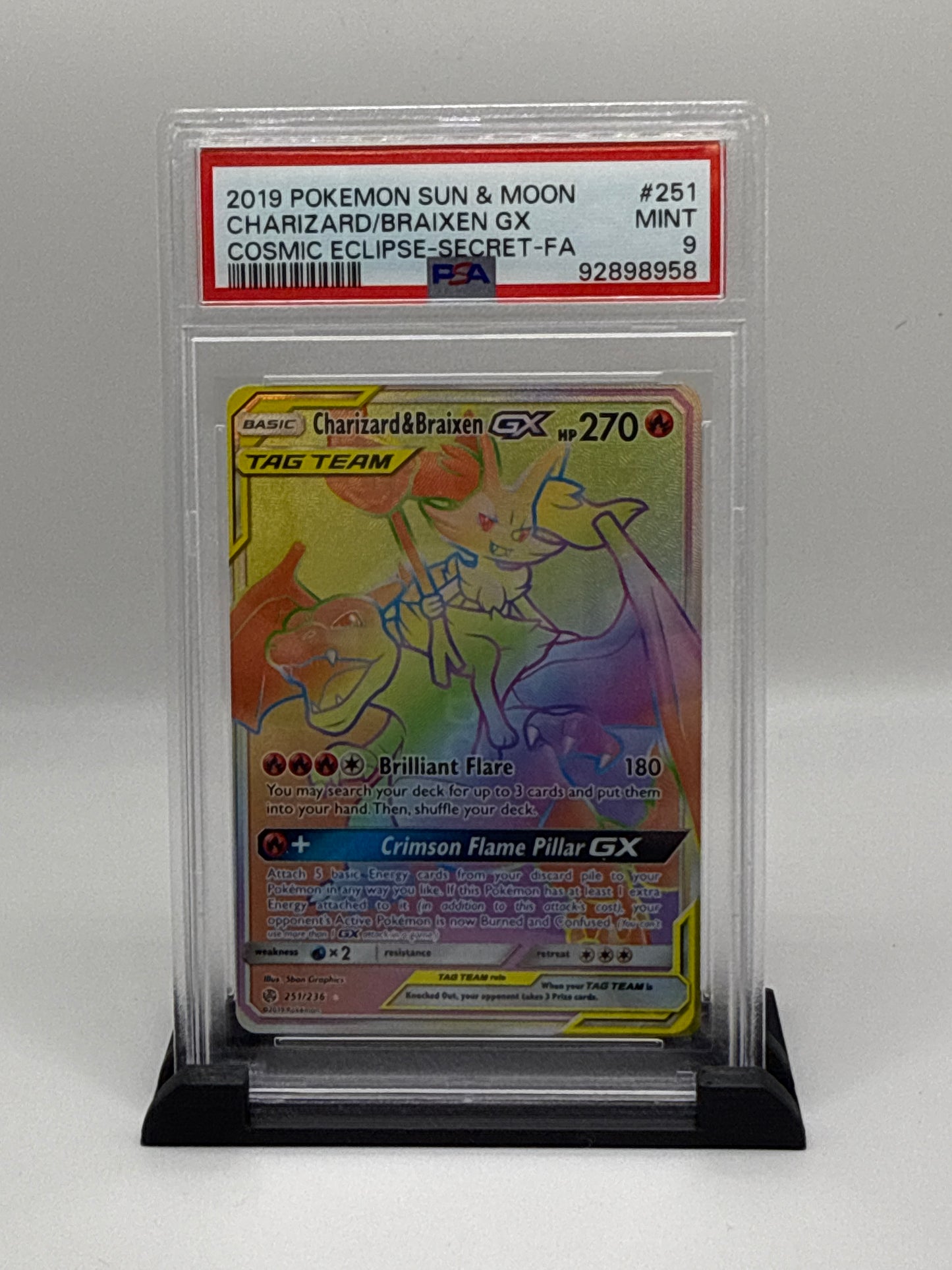 PSA 9 2019 Pokemon Cosmic Eclipse Secret Rare Braixen Gx/Charizard #251