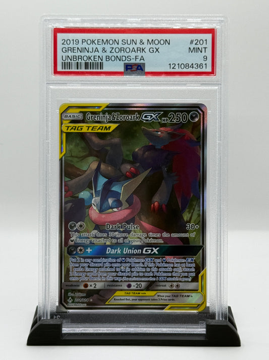 PSA 9 2019 Pokémon Sun and Moon Unbroken Bonds Greninja/Zoroark Gx #201
