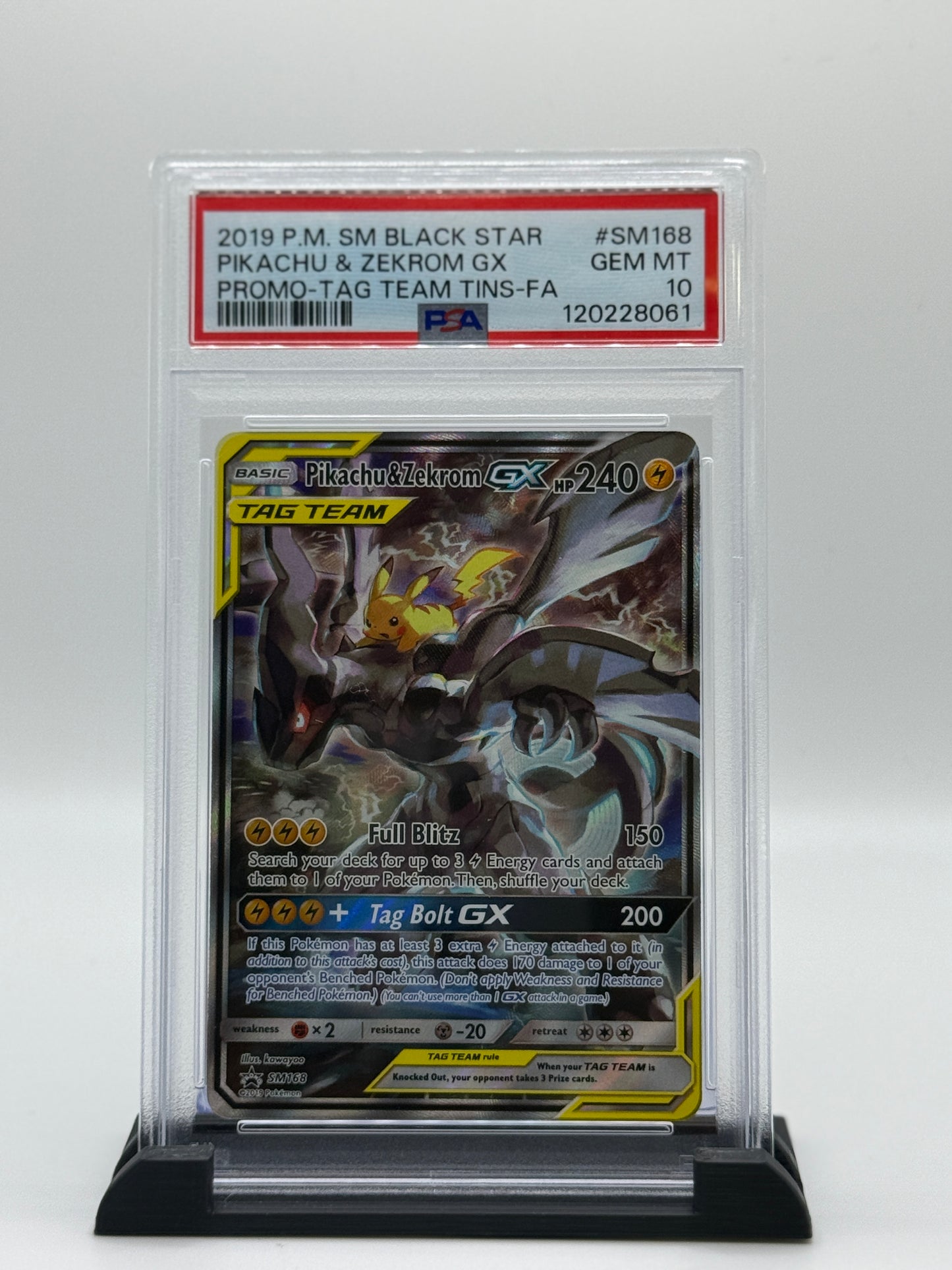 PSA 10 2019 Pokemon Sun and Moon Black Star Promo Tag Team Tins Pikachu/Zekrom Gx #SM168