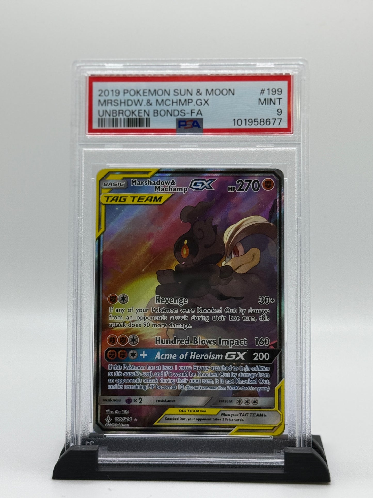 PSA 9 2019 Pokemon Sun and Moon Unbroken Bonds Machamp/Marshadow Gx #199