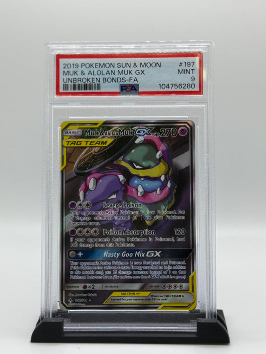 PSA 9 2019 Pokemon Sun and Moon Unbroken Bonds Alolan Muk Gx/Muk #197