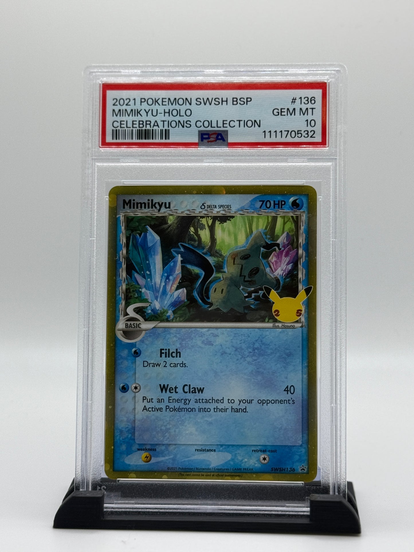 PSA 10 2021 Pokemon Sword and Shield Black Star Promo Celebrations Collector Chest Holo Mimikyu #SWSH136